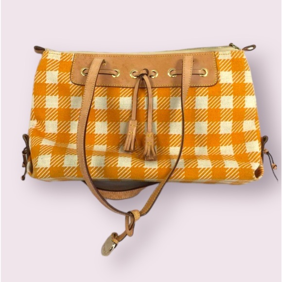 DOONEY & BOURKE Women's Yellow White Plaid Canvas Leather Tassel Shoulder Bag